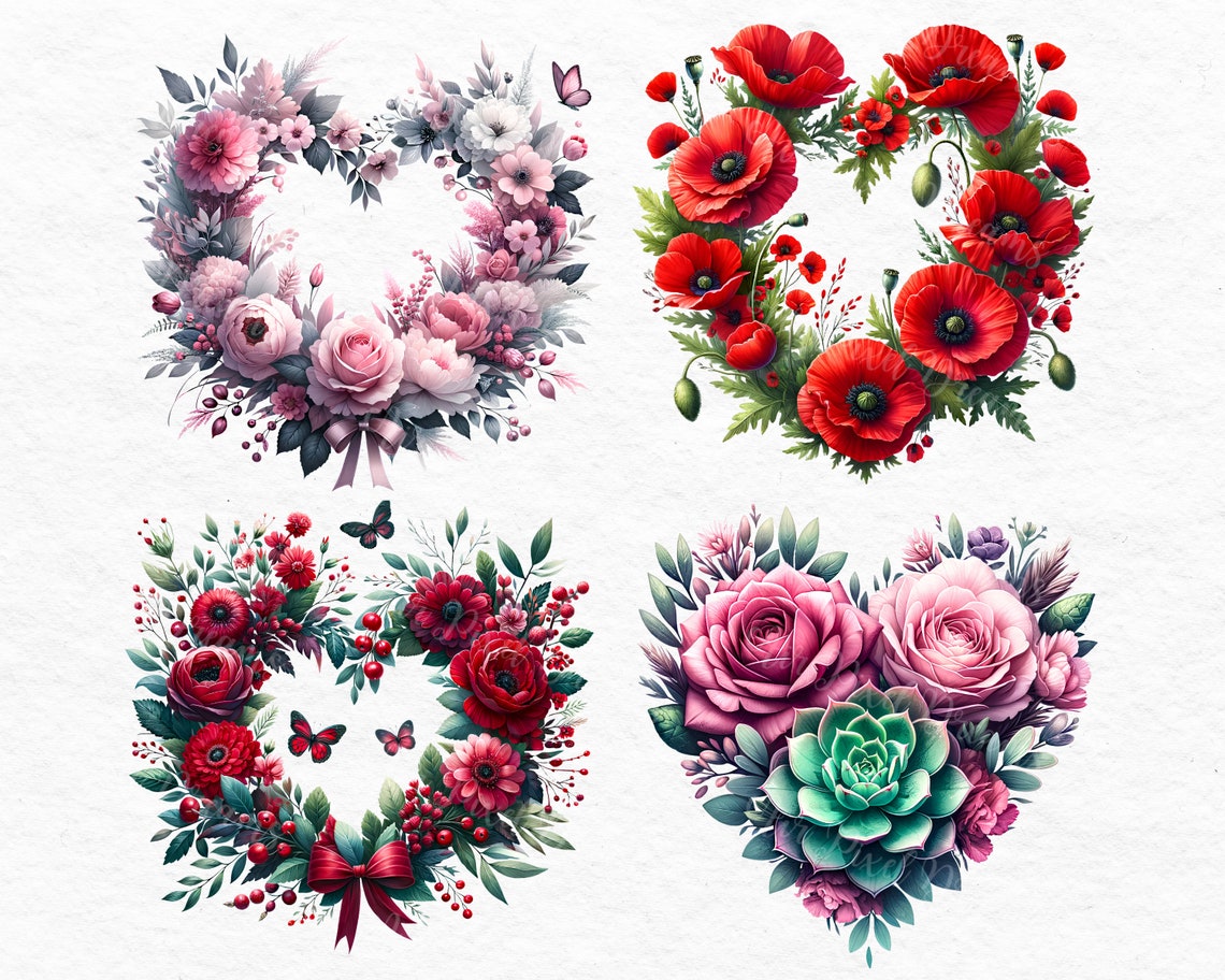 Watercolor Flower Heart Clipart, 14 High Quality PNG, Floral Hearts PNG ...