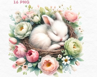 Bunny Blossom Dreams: Sleepy Rabbit Clipart Set, 20 PNG, Watercolor Bunny Clipart, Cute Baby Bunny Clipart, Bunny Nursery, Digital Download