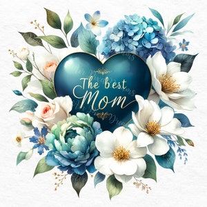 Puede incluir: Un coraz&oacute;n azul con detalles dorados y el texto "The best Mom" rodeado de flores blancas y azules.