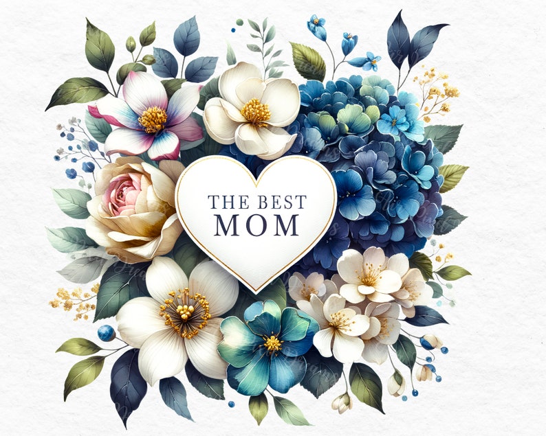 Puede incluir: Una tarjeta en forma de coraz&oacute;n con el texto "THE BEST MOM" rodeada de un ramo de flores blancas, rosas y azules.