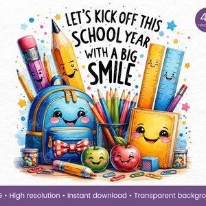 Retour à l'école 2024 Sac à dos scolaire PNG Citations motivantes Salle de classe gaie Graphiques scolaires mignons Début de l'année scolaire Chemise d'école colorée