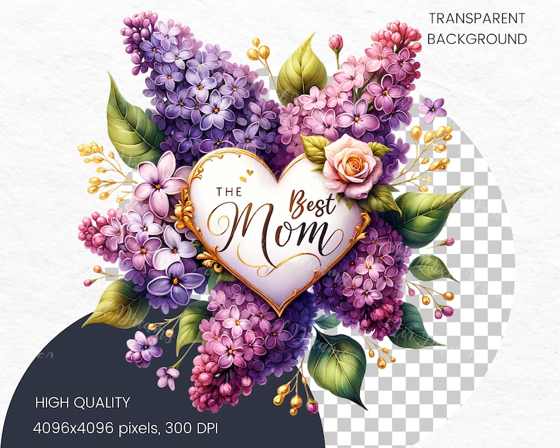Puede incluir: Un marco en forma de coraz&oacute;n con las palabras "The Best Mom" en letras doradas, rodeado de un ramo de flores de lila p&uacute;rpura y rosa, una sola rosa blanca y hojas verdes.