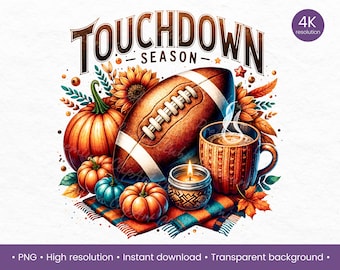 May include: A digital illustration of a football, pumpkins, a mug of hot cocoa, and a candle. The illustration is surrounded by fall leaves and the text "TOUCHDOWN SEASON".