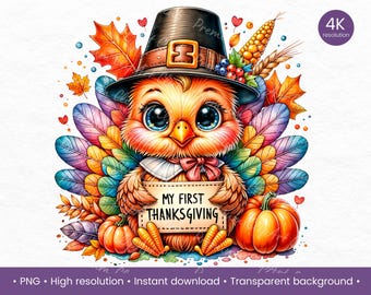 My First Thanksgiving png, baby's eerste Thanksgiving-clipart, schattige kalkoenbaby png, herfstbabyontwerp, peuter Thanksgiving-kunst, babykalkoen