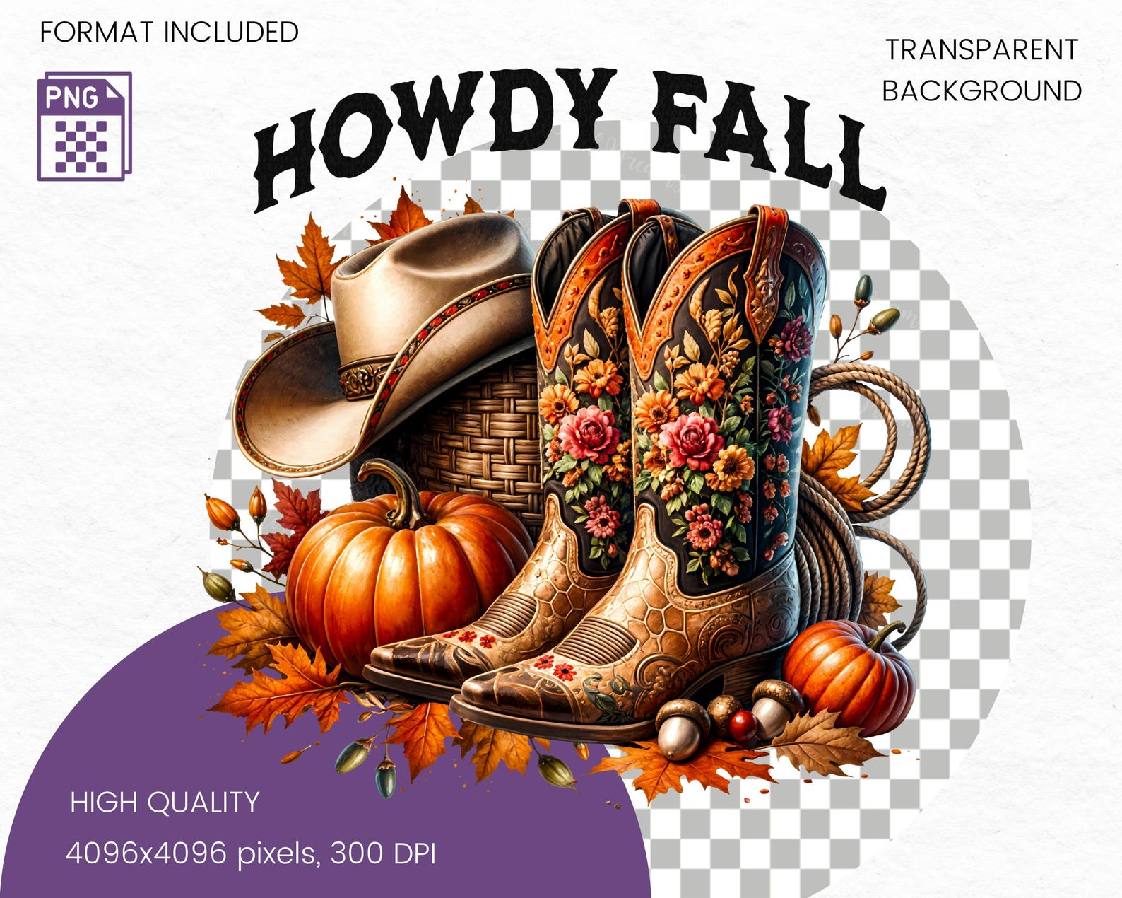 Howdy Fall Western Cowboy Boots Hat Pumpkin Autumn Floral Clipart ...