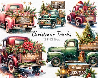 Vintage Christmas Trucks Clipart Bundle Watercolor Farm Trucks with Christmas Trees and Gifts Retro Holiday Sublimation PNG