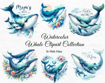 Colección de imágenes prediseñadas de ballenas en acuarela para el Día de la Madre, guardería de ballenas, arte de ballenas en acuarela, ballena oceánica, imágenes prediseñadas de ballena, ilustración de ballena