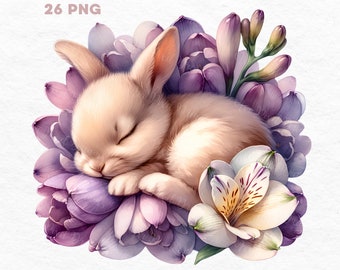 Paquete de imágenes prediseñadas de conejitos en flor, 20 PNG, gráficos de conejitos de acuarela, imágenes prediseñadas de conejitos de acuarela, conejito de acuarela, imágenes prediseñadas de conejito bebé