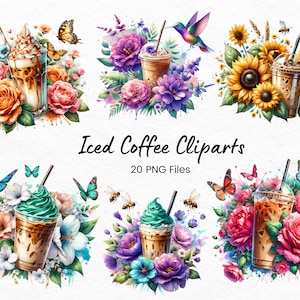 Café helado Png, paquete de imágenes prediseñadas de café, paquete de café floral, imágenes prediseñadas amantes del café, imágenes prediseñadas de la taza de flores, reina de la cafeína del paquete de café floral