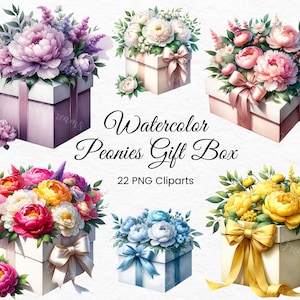 水彩牡丹のギフト ボックス クリップアート コレクション、22 個の PNG ファイル、花のプレゼント PNG、BirthDayGifts PNG、水彩ギフト ボックス - デジタル ダウンロード