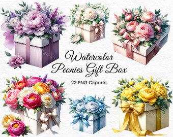 Watercolor Peonies Gift Box Clipart Collection, 22 PNG Files,Floral Present PNG, BirthDayGifts PNG, Watercolor Gift Box - Digital Download