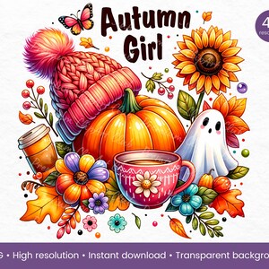Pode incluir: Uma ilustração digital de uma cena de outono com uma abóbora, um fantasma, uma xícara de café, um chapéu e flores. O texto "Autumn Girl" está escrito na imagem.
