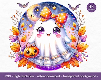 Cute Kawaii Halloween Ghost PNG with Bow, Pumpkin, Moon, and Stars | Autumn Ghost Art, Spooky Cute Ghost, Fall Leaves PNG
