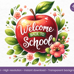 Welkom terug op school Apple-clipart, start schooljaar, schoolterugkeer, Hallo schoolontwerpen, schoolelementen png, schoolaquarel