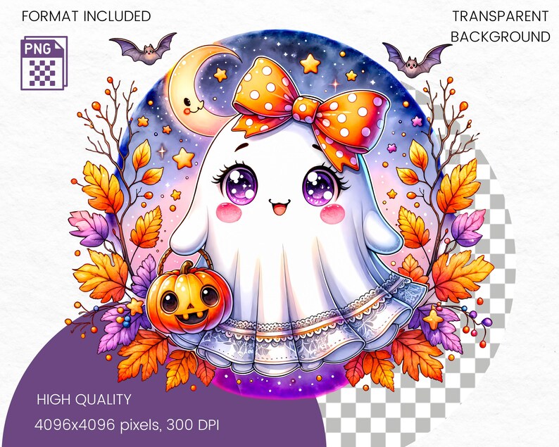 Cute Kawaii Halloween Ghost PNG With Bow, Pumpkin, Moon, and Stars ...