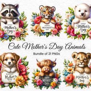 Niedliche Mutter Tag Tiere Clipart PNG Bundle, Baby-Tiere, Mutter Tag Clipart, glücklicher Muttertag Design, Muttertag PNG Bundle