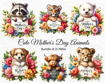 Lindo paquete PNG de imágenes prediseñadas de animales del Día de la Madre, animales bebés, imágenes prediseñadas del Día de la Madre, diseño feliz del Día de la Madre, paquete PNG del Día de la Madre