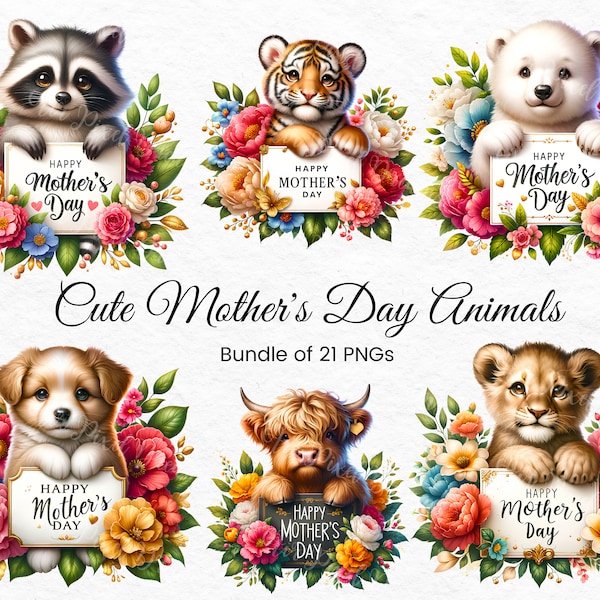 Cute Mother's Day Animals Clipart PNG Bundle, Baby Animals, Mother Day Clipart, Happy Mother's Day Design, Mother's Day PNG Bundle