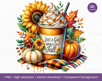 Just a Girl Who Loves Fall: Pumpkin Spice, clipart zonnebloem, gezellige herfstbladeren, schattige herfstontwerpen, png