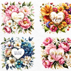 Puede incluir: Cuatro arreglos florales diferentes con un marco dorado en forma de coraz&oacute;n y el texto "The Best Mom" en letras doradas. Cada arreglo presenta una variedad de flores en rosa, blanco, amarillo, azul y verde.
