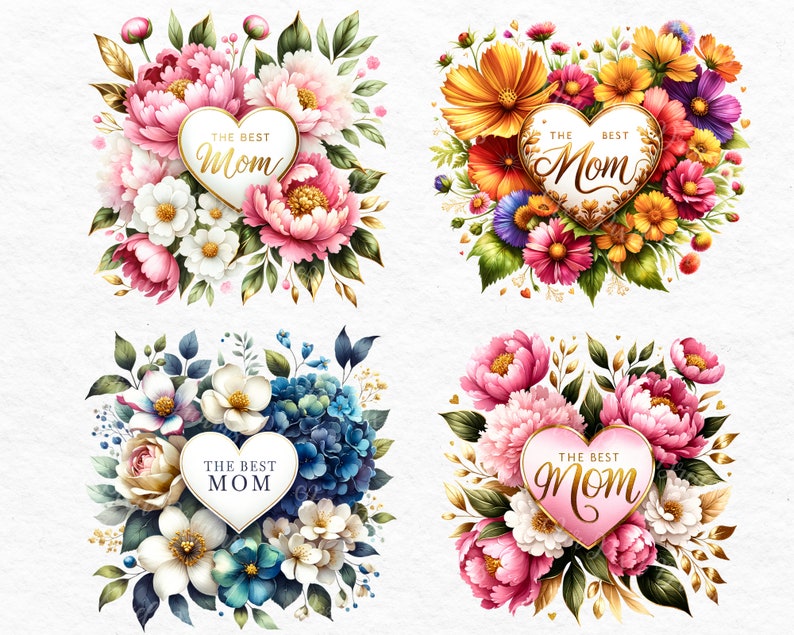 Puede incluir: Cuatro arreglos florales diferentes con un marco dorado en forma de coraz&oacute;n y el texto "The Best Mom" en letras doradas. Cada arreglo presenta una variedad de flores en rosa, blanco, amarillo, azul y verde.