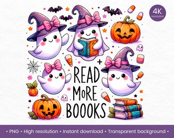 Read More Books - Cute Ghost Teacher PNG, Halloween Librarian, Teacher Fall Design, Ghost Books PNG, Bookworm Cute Ghost Clipart