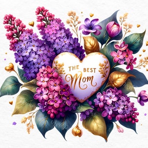 Puede incluir: Un arreglo floral morado y rosa con una tarjeta blanca en forma de coraz&oacute;n que dice "The Best Mom" en letras doradas.