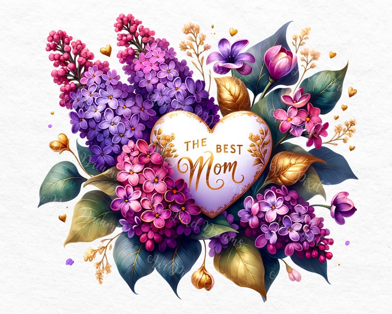 Puede incluir: Un arreglo floral morado y rosa con una tarjeta blanca en forma de coraz&oacute;n que dice "The Best Mom" en letras doradas.
