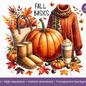 Conceptos básicos de otoño Clipart de otoño Suéter acogedor Botas de calabaza Taza de café Bufanda de leopardo Hojas de otoño Acción de gracias PNG