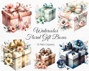 Watercolor Floral Gift Boxes Clipart Collection, 13 PNG Files, Floral Present PNG, BirthDayGifts PNG, Watercolor Gift Box - Digital Download