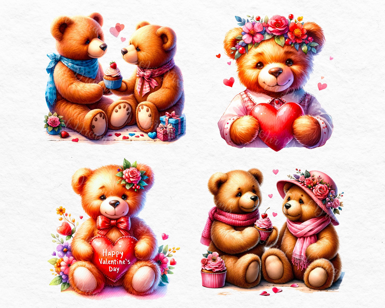 Watercolor Teddy Bear Clipart 15 PNG Valentines Day Clipart, Valentines ...