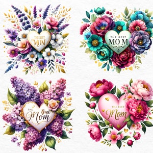 Puede incluir: Cuatro arreglos florales con marcos dorados en forma de coraz&oacute;n que dicen "The Best Mom". Las flores son en tonos de rosa, morado, azul y verde.
