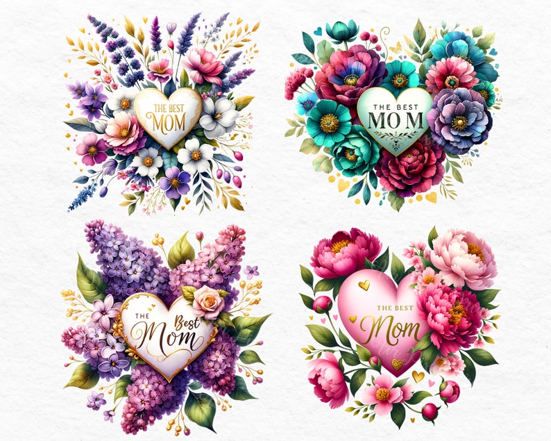 Puede incluir: Cuatro arreglos florales con marcos dorados en forma de coraz&oacute;n que dicen "The Best Mom". Las flores son en tonos de rosa, morado, azul y verde.