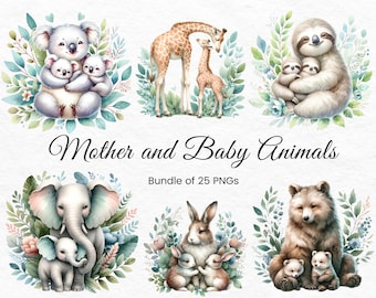 Watercolor Mother and Baby Animals Clipart Bundle, Mother and Baby Png, Woodland Baby Animals Png, Forest Animal Png, Animal Family Png