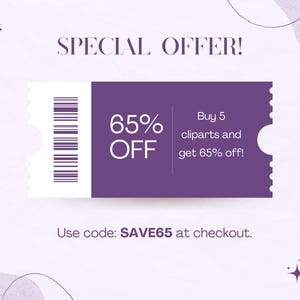 Op de afbeelding: Een paars en wit ticket met de tekst "SPECIAL OFFER!" en "65% OFF". Het ticket zegt ook "Buy 5 clipart and get 65% off!" en "Use code: SAVE65 at checkout."