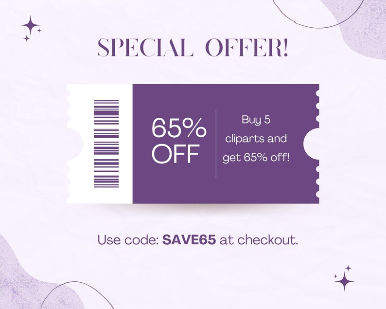 Op de afbeelding: Een paars en wit ticket met de tekst "SPECIAL OFFER!" en "65% OFF". Het ticket zegt ook "Buy 5 clipart and get 65% off!" en "Use code: SAVE65 at checkout."