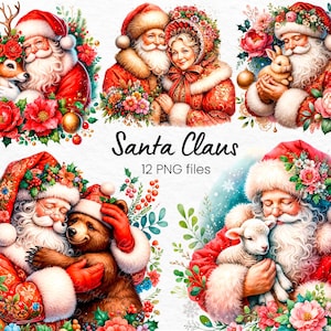 Santa Claus Clipart Bundle with Festive Animals Christmas Santa Watercolor PNGs Traditional Santa Claus Art Cute Holiday Designs