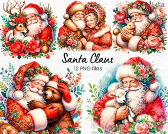 Santa Claus Clipart Bundle with Festive Animals Christmas Santa Watercolor PNGs Traditional Santa Claus Art Cute Holiday Designs