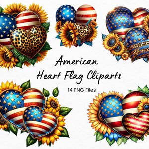 May include: Four digital clipart images of American flag hearts with sunflowers. The hearts are in different arrangements and colours. The text "American Heart Flag Cliparts" and "14 PNG Files" is included in the image.