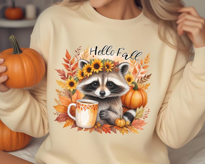 Hello Fall Raccoon Clipart With Autumn Sunflowers, Cozy Autumn Leaves ...