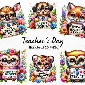 Lehrertag Clipart-Set, niedliche Tiere im Klassenzimmer, Lehrer-Digital-Bundle, Lehrertag Png, Erziehertag Kunst, Lehrertag Grafiken