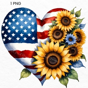 Amerikanisches Sonnenblumenherz mit USA-Flagge, 4