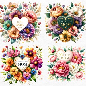 Puede incluir: Cuatro ilustraciones de acuarela de ramos de flores con marcos dorados en forma de coraz&oacute;n y texto que dice "Best Mom Ever" y "The Best Mom".