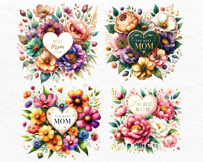 Puede incluir: Cuatro ilustraciones de acuarela de ramos de flores con marcos dorados en forma de coraz&oacute;n y texto que dice "Best Mom Ever" y "The Best Mom".