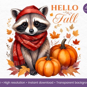 Ciao autunno - Procione carino con zucche e foglie autunnali PNG Clipart, Arte stampata calda, Ciao autunno Png, Accogliente stampa autunnale, Stampa calda artistica