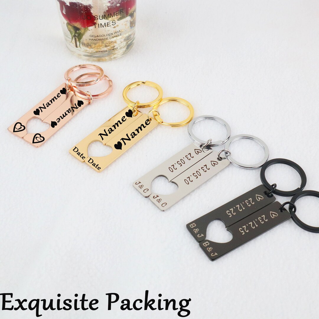 Couple Keychain Set Heart, Personalised 2 Pcs Matching Couple Keyring, Engraved Keychain
