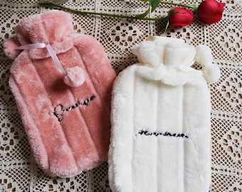 Personalised Hot Water Bottle, Hot Water Bottle with Name, Embroidered Hot Water Bottle, Personalised Name Fluffy Winter Gift Many Colours