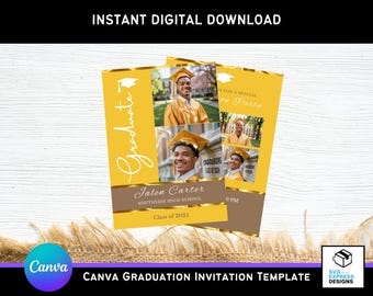 Sjabloon gele afstudeeruitnodiging 2025: 5 x 7 senior aankondiging (canva bewerkbaar, digitale download)