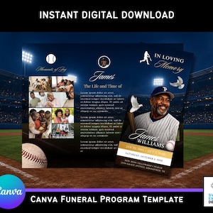 Könnte beinhalten: Eine digitale Canva-Trauerprogrammvorlage mit Baseball-Thema. Das Design zeigt ein Foto eines Mannes in Baseballuniform, einen Baseball und den Text "In Loving Memory". Die Vorlage enthält den Text "Sofortiger digitaler Download."