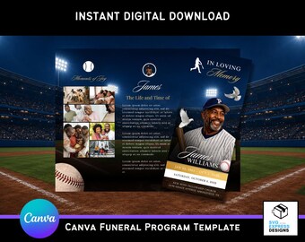 Sjabloon uitvaartprogramma Baseball Tribute: elegante driebladige brochure (canva, 11 x 8,5 inch) (digitale download)